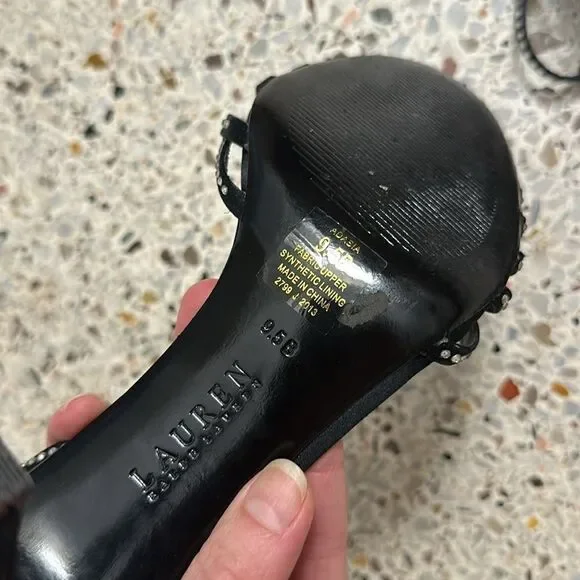 Ralph Lauren black silver rhinestone embellished heel sandal heel 9.5 - Picture 7 of 8